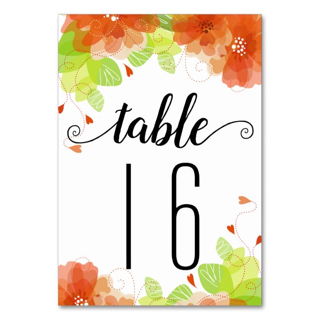 Orange flowers calligraphy flloral wedding table number (Front)