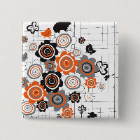 Orange Flowers Chicks Ink Blots Doodles Button