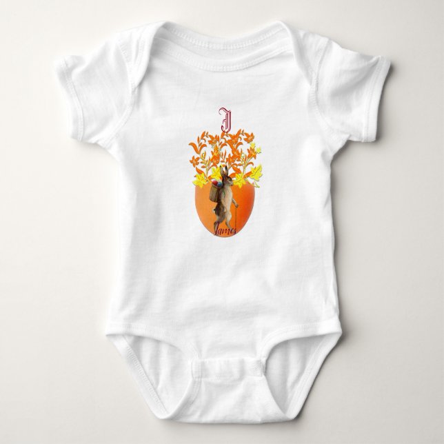 Orange Flowers Easter Bunny Monogram Custom Name  Baby Bodysuit (Front)