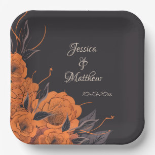 Orange Flowers Elegant Chic date Wedding Paper Plate
