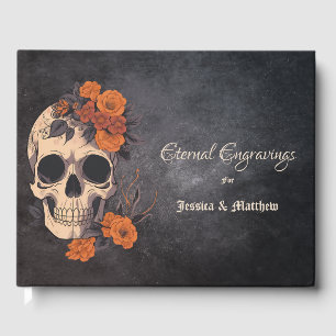Orange Flowers Elegant Floral Skull Wedding Guest Book