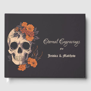 Orange Flowers Elegant Floral Skull Wedding Guest Book