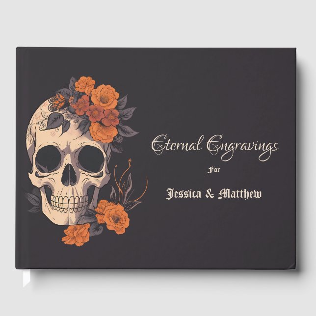 Orange Flowers Elegant Floral Skull Wedding Guest Book (Front)
