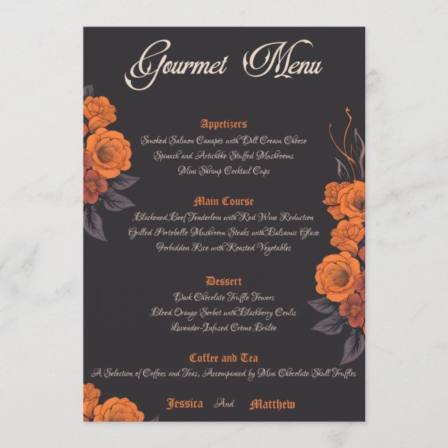 Orange flowers elegant gourmet menu (Front)