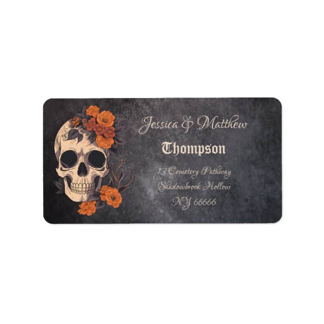 Orange Flowers Elegant Skull Minimalistic Wedding  Label (Front)