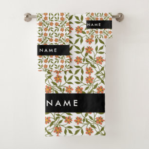Orange Flowers, Floral Pattern, Boho, Your Name Bath Towel Set