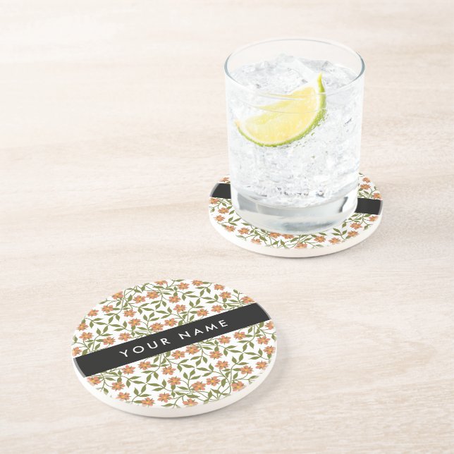 Orange Flowers, Floral Pattern, Boho, Your Name Coaster (Side)