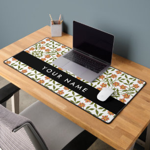 Orange Flowers, Floral Pattern, Boho, Your Name Desk Mat