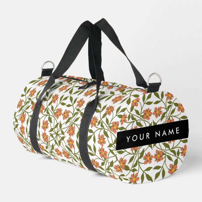 Orange Flowers, Floral Pattern, Boho, Your Name Duffle Bag (Left Corner)