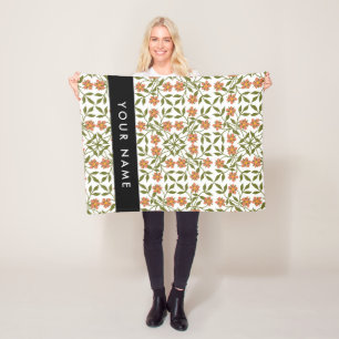 Orange Flowers, Floral Pattern, Boho, Your Name Fleece Blanket