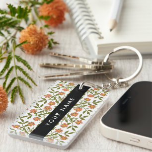 Orange Flowers, Floral Pattern, Boho, Your Name Key Ring