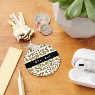 Orange Flowers, Floral Pattern, Boho, Your Name Key Ring