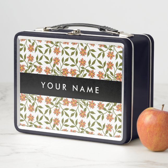 Orange Flowers, Floral Pattern, Boho, Your Name Metal Lunch Box (In Situ)