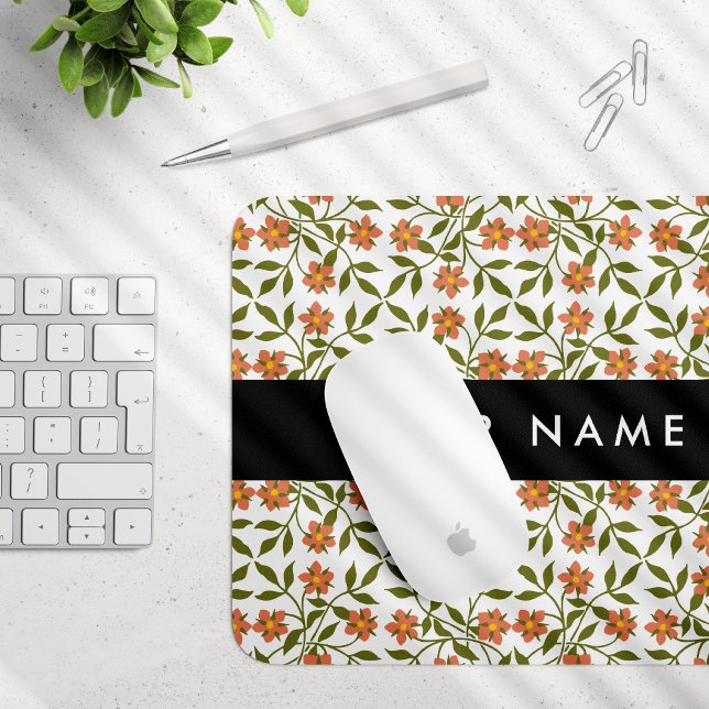 Orange Flowers, Floral Pattern, Boho, Your Name Mouse Pad (Creator Uploaded)