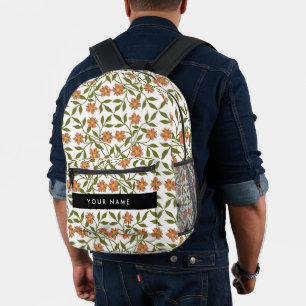 Orange Flowers, Floral Pattern, Boho, Your Name Printed Backpack