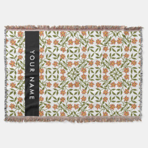 Orange Flowers, Floral Pattern, Boho, Your Name Throw Blanket