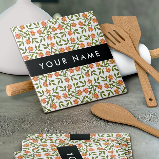 Orange Flowers, Floral Pattern, Boho, Your Name Tile (Creator Uploaded)