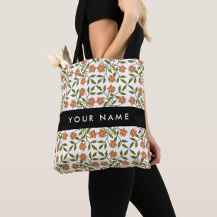 Orange Flowers, Floral Pattern, Boho, Your Name Tote Bag