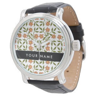 Orange Flowers, Floral Pattern, Boho, Your Name Watch