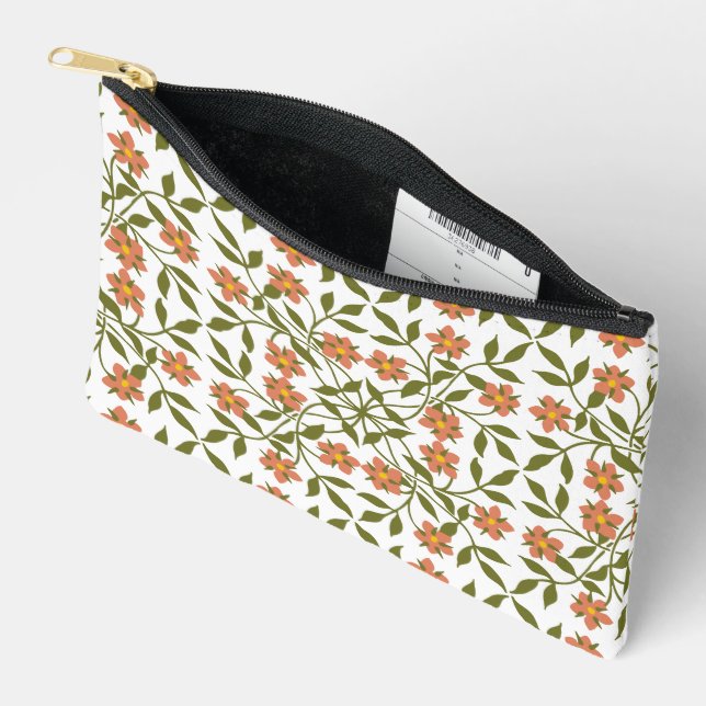 Orange Flowers, Floral Pattern, Greenery, Boho Accessory Pouch (Open)