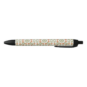 Orange Flowers, Floral Pattern, Greenery, Boho Black Ink Pen