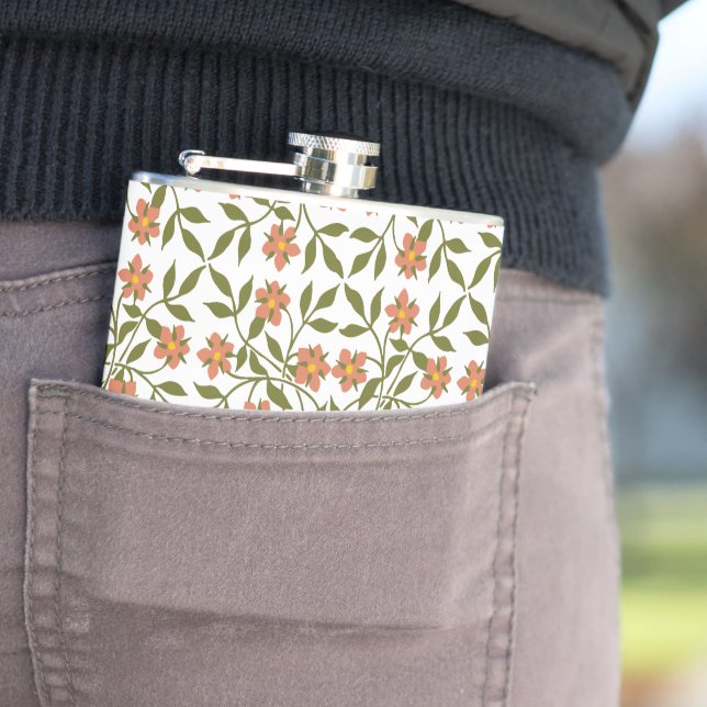 Orange Flowers, Floral Pattern, Greenery, Boho Hip Flask (In Situ)