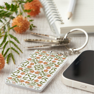 Orange Flowers, Floral Pattern, Greenery, Boho Key Ring