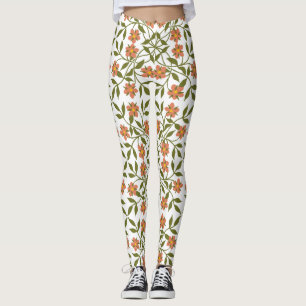 Orange Flowers, Floral Pattern, Greenery, Boho Leggings