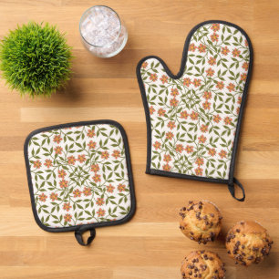 Orange Flowers, Floral Pattern, Greenery, Boho Oven Mitt & Pot Holder Set