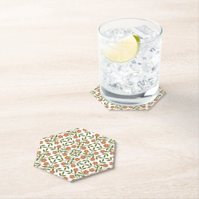 Orange Flowers, Floral Pattern, Greenery, Boho Paper Coaster (Insitu)