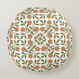 Orange Flowers, Floral Pattern, Greenery, Boho Round Cushion