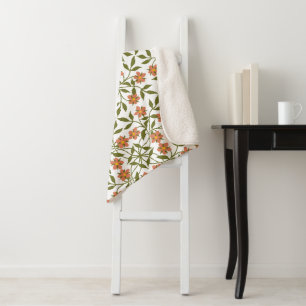 Orange Flowers, Floral Pattern, Greenery, Boho Sherpa Blanket