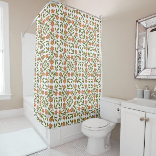 Orange Flowers, Floral Pattern, Greenery, Boho Shower Curtain