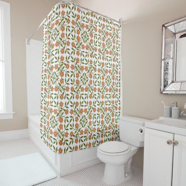 Orange Flowers, Floral Pattern, Greenery, Boho Shower Curtain (In Situ)