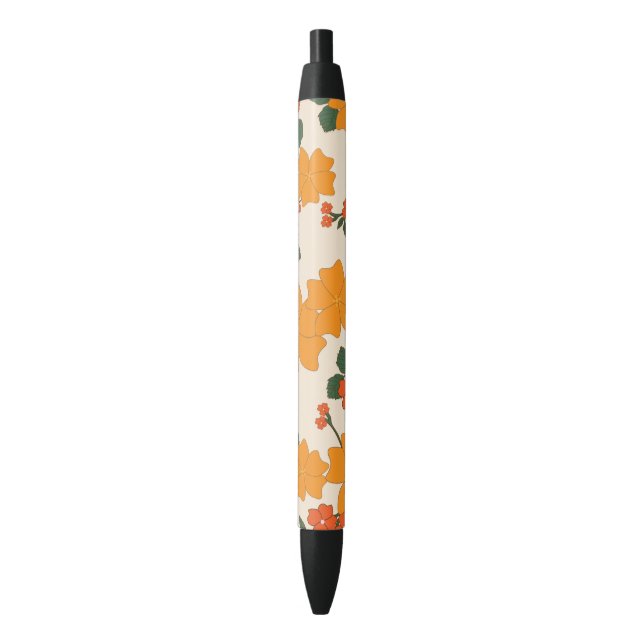 Orange Flowers, Floral Pattern, Pattern Of Flowers Black Ink Pen (Front Vertical)