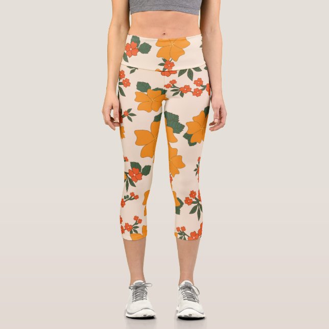 Orange Flowers, Floral Pattern, Pattern Of Flowers Capri Leggings (Front)