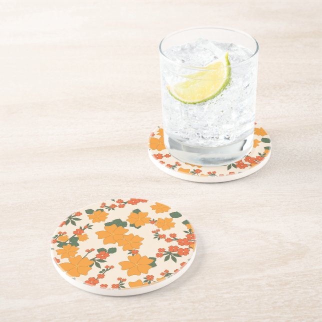Orange Flowers, Floral Pattern, Pattern Of Flowers Coaster (Side)