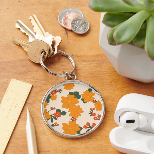 Orange Flowers, Floral Pattern, Pattern Of Flowers Key Ring (Desk)