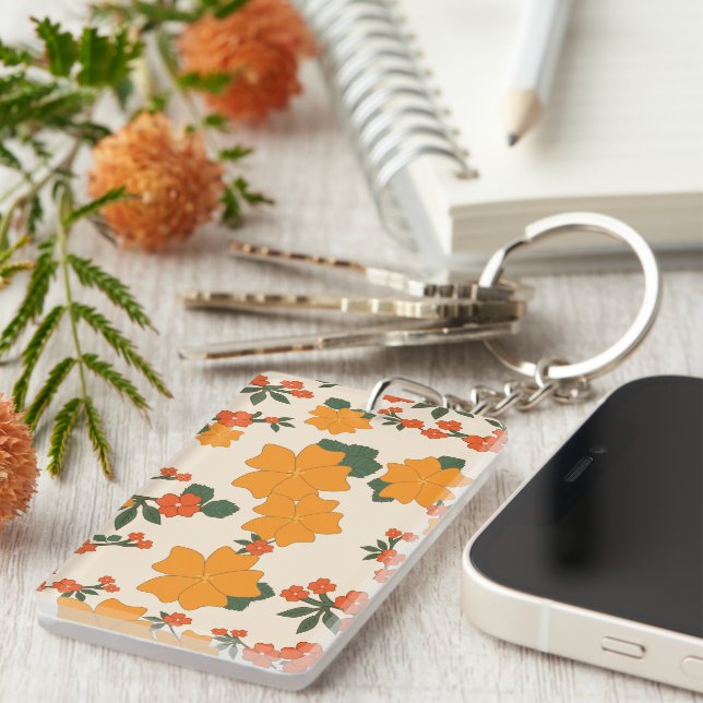 Orange Flowers, Floral Pattern, Pattern Of Flowers Key Ring (Front Right)