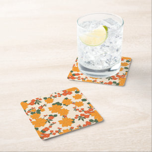 Orange Flowers, Floral Pattern, Pattern Of Flowers Square Paper Coaster