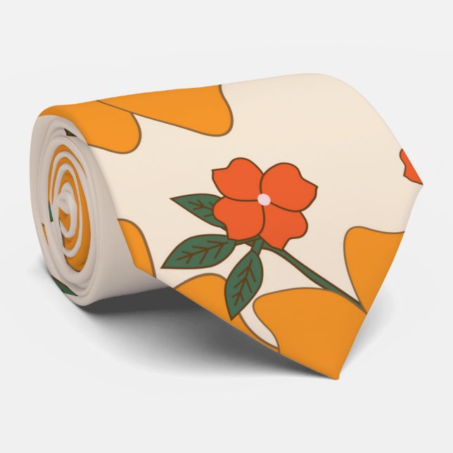 Orange Flowers, Floral Pattern, Pattern Of Flowers Tie (Rolled)