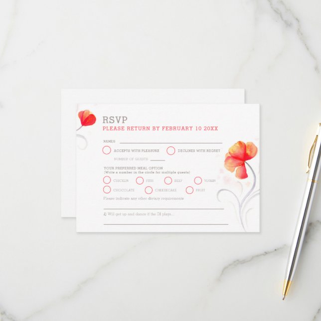 Orange flowers grey swirl watercolor RSVP Card (Front/Back In Situ)