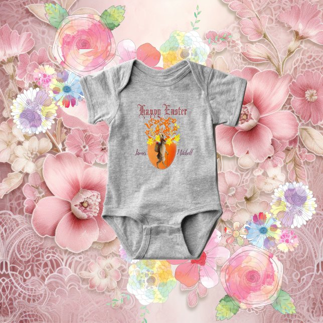 Orange Flowers Happy Easter Egg Bunny Colourful Fu Baby Bodysuit (Orange Flowers Happy Easter Egg Bunny Colorful Fun Baby Bodysuit)