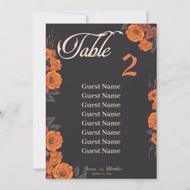 Orange Flowers individual table seating chart Announcement (Front)