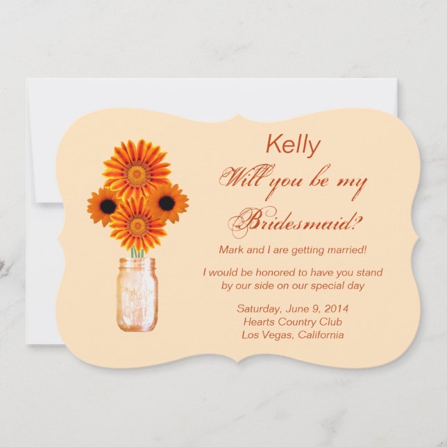Orange Flowers Mason Jar Bridesmaid Card (Front)