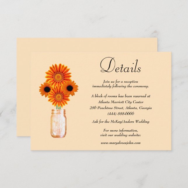 Orange Flowers Mason Jar Wedding Details Enclosure Card (Front/Back)