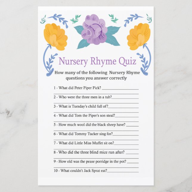 Orange Flowers Nursery Rhyme Quiz baby shower game (Front)