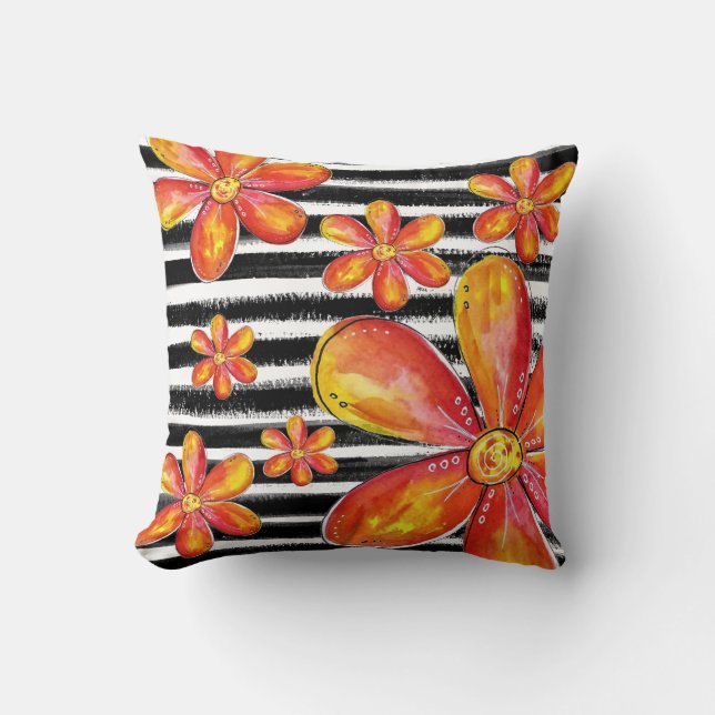Orange Flowers on Black Stripes Cushion (Front)