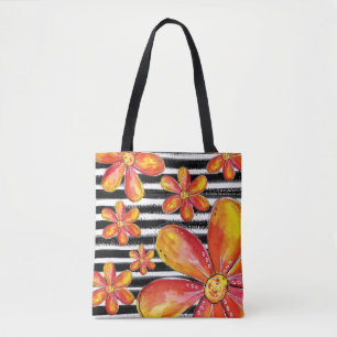 Orange Flowers on Black Stripes Tote Bag