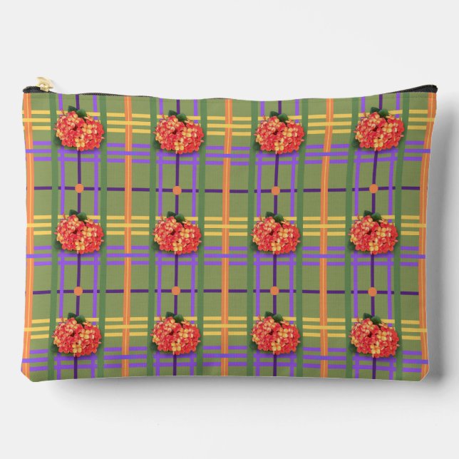 Orange Flowers on Moss Green Plaid Accessory Pouch (Front)